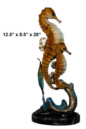 Cast Bronze Seahorse & Baby Sculpture with Marble Base