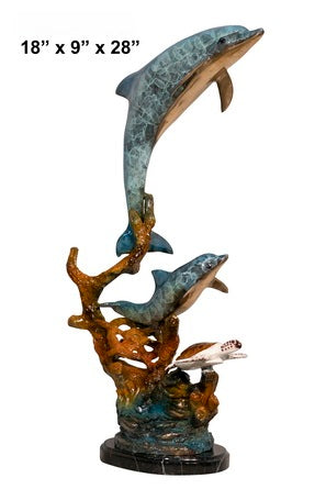 Cast Bronze Two Dolphins with Turtle Sculpture with Marble Base