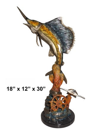 Cast Bronze Sailfish with Turtle Sculpture with Marble Base