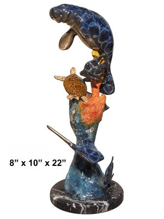Cast Bronze Manatee with Turtle & Stingray Sculpture with Marble Base