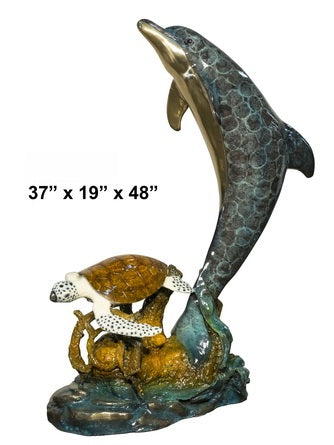 Cast Bronze Dolphin with Sea Turtle Sculpture