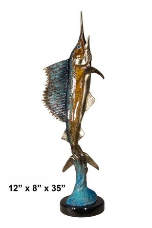 Cast Bronze Single Swordfish Sculpture with Marble Base