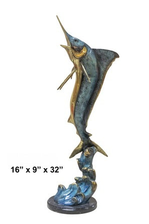 Cast Bronze Marlin on Wave Sculpture with Marble Base