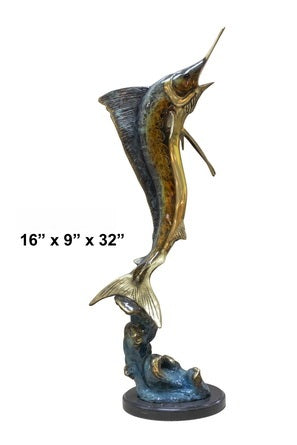 Cast Bronze Marlin on Wave Sculpture with Marble Base