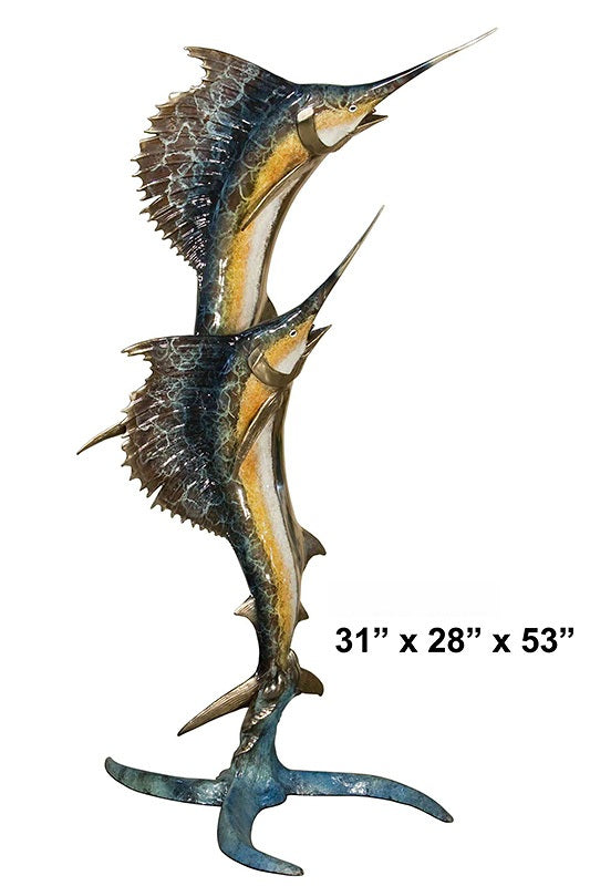 Cast Bronze Double Sailfish Sculpture with Marble Base