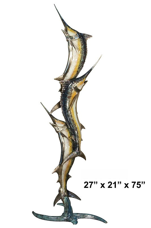 Cast Bronze Triple Marlin Sculpture with Marble Base