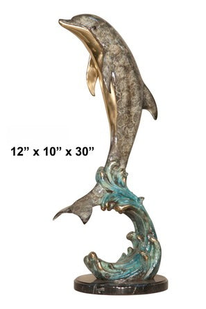 Cast Bronze Dolphin on Wave Sculpture with Marble Base