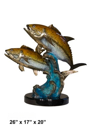Cast Bronze Double Tuna Sculpture with Marble Base