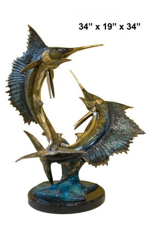 Cast Bronze Double Sailfish Fighting Sculpture with Marble Base