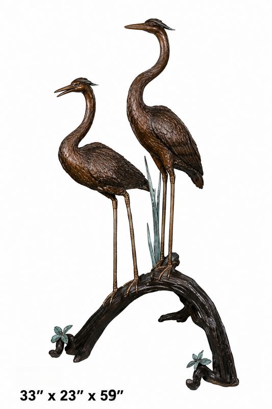 Cast Bronze Two Cranes on Log Fountain Sculpture
