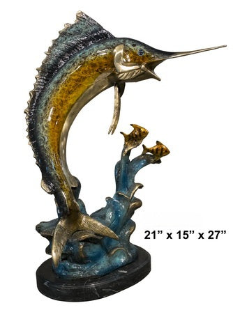 Cast Bronze Marlin with Gold Fish Sculpture with Marble Base