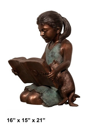 Cast Bronze Girl Reading with Dog Sculpture