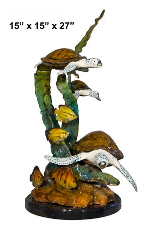 Cast Bronze Three Sea Turtles with Fish Sculpture with Marble Base