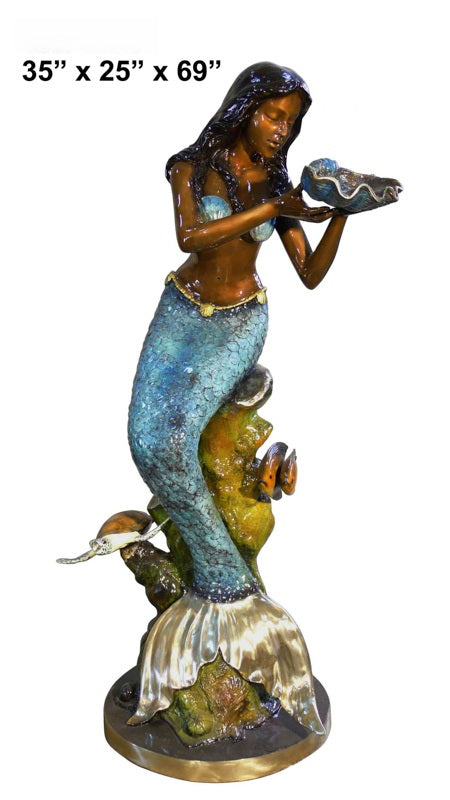 Cast Bronze Mermaid with Shell Fountain Sculpture