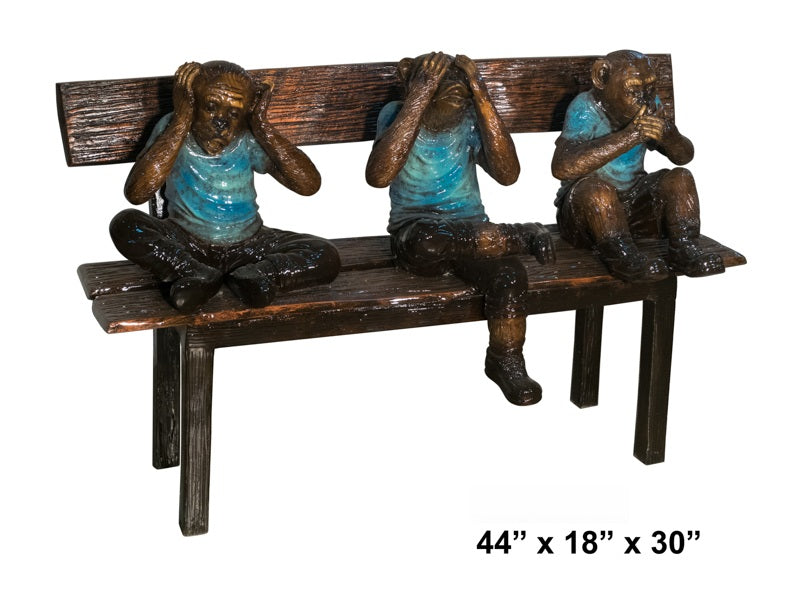 Cast Bronze Three Monkeys on Bench Sculpture