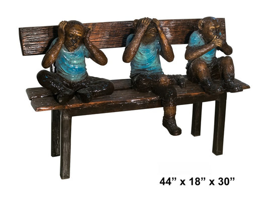 Cast Bronze Three Monkeys on Bench Sculpture