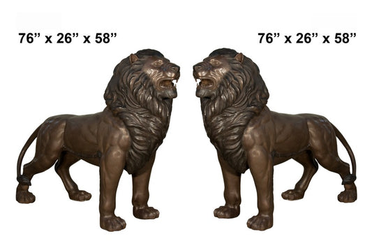Cast Bronze Walking Lion Pair Sculpture