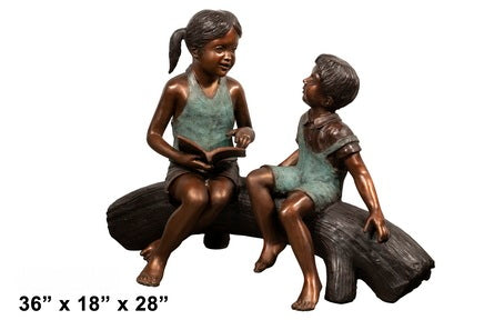 Cast Bronze Kids Sitting on Log Sculpture