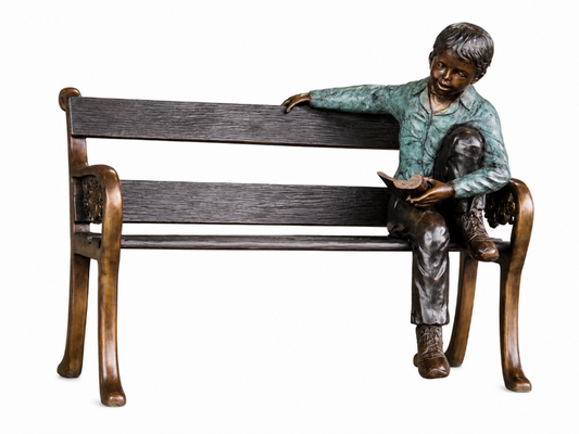 Cast Bronze Boy Sitting on Bench Sculpture