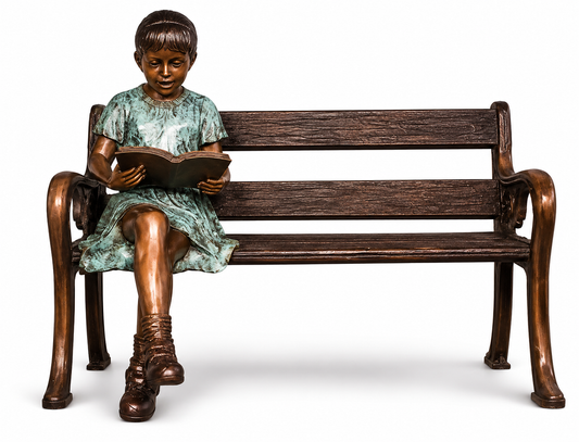 Cast Bronze Girl Sitting on Bench Reading Sculpture