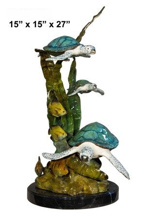Cast Bronze Three Sea Turtles with Fish Sculpture with Marble Base