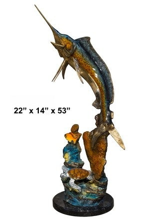 Cast Bronze Marlin with Sea Turtle Sculpture with Marble Base