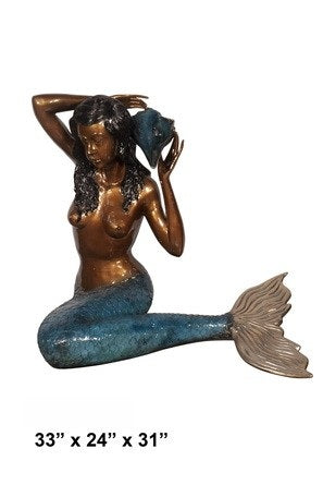 Cast Bronze Mermaid with Shell Fountain Sculpture