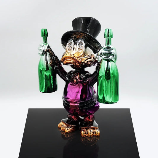 Scrooge Duck Holding Two Champagne Bottles Sculpture — Available in Two Colors