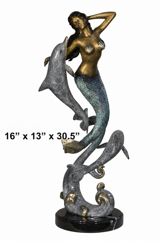 Cast Bronze Mermaid with Two Dolphins Sculpture with Marble Base