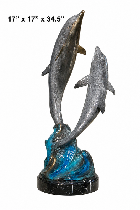 Cast Bronze Two Dolphins Sculpture with Marble Base