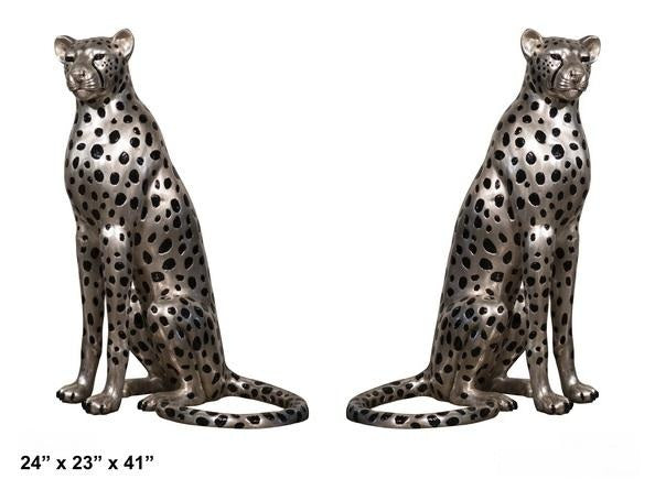 Cast Bronze Sitting Cheetah Pair Sculpture